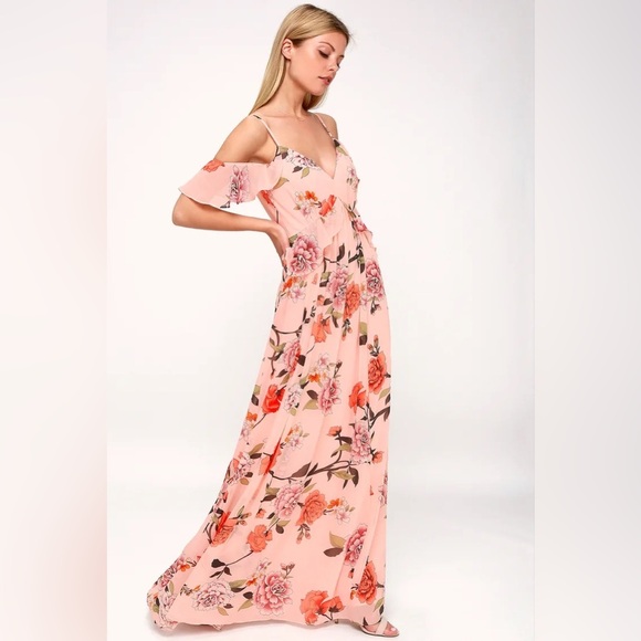Lulu’s De Fleur Blush Floral Print Ruffled Off-the-Shoulder Maxi Dress Small - Picture 1 of 13